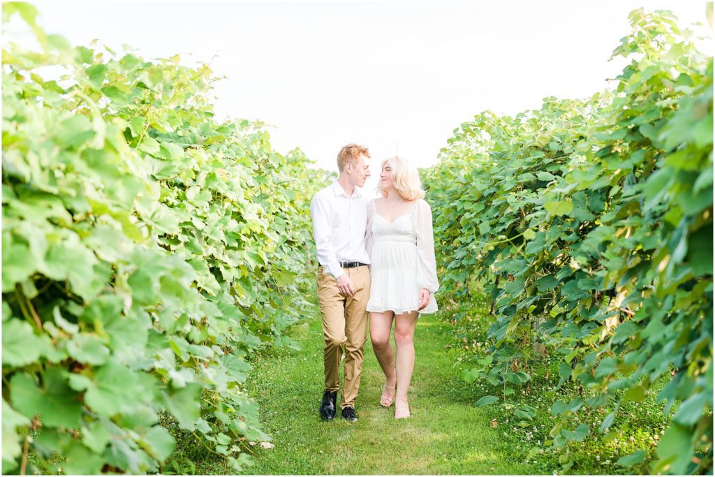 Couple walking together Oliver Winery engagement session