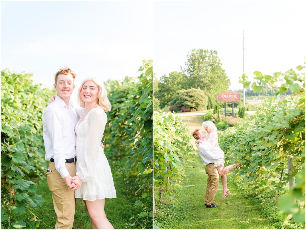 Lift kiss Oliver Winery engagement session