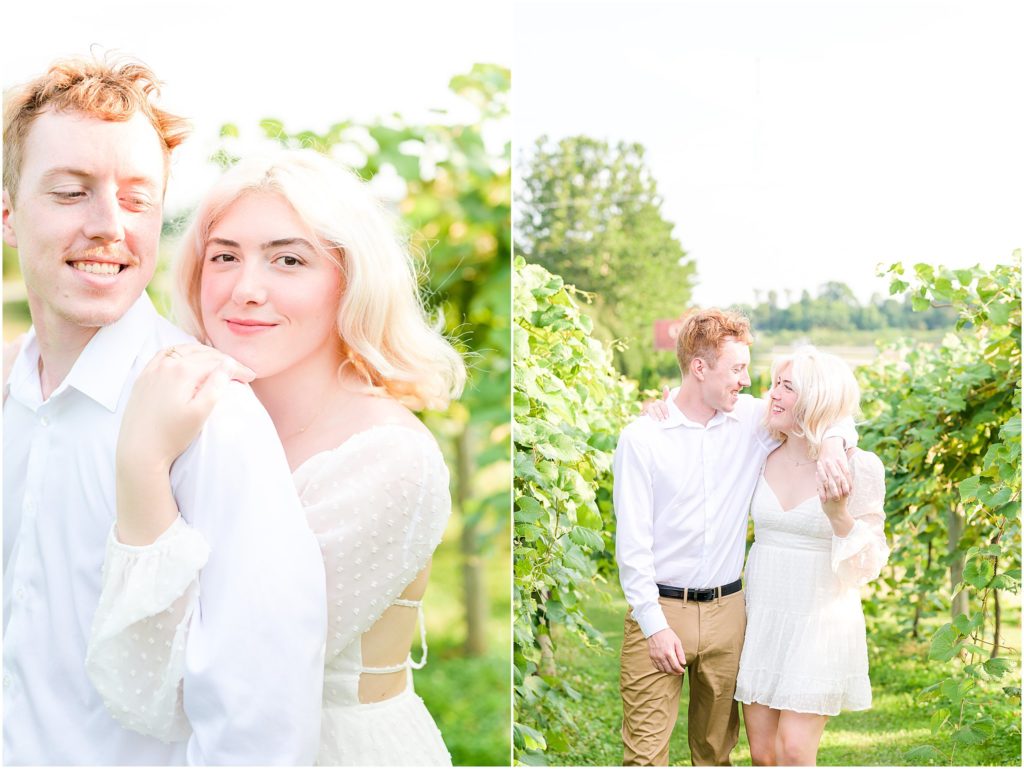 Couple cuddling Oliver Winery engagement session