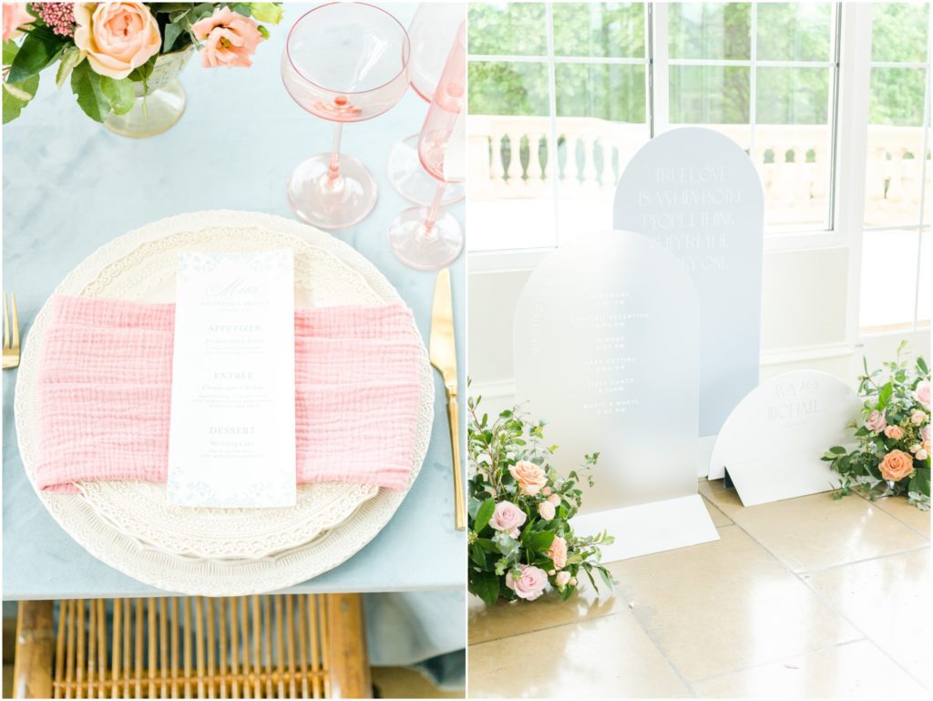 Pastel blue and pink tablescape The Olana Dallas wedding