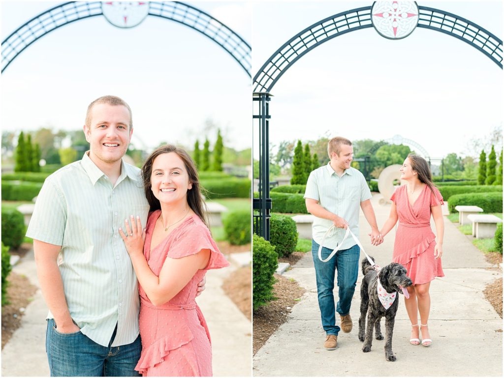 Couple walking with dog Coxhall Gardens engagement session