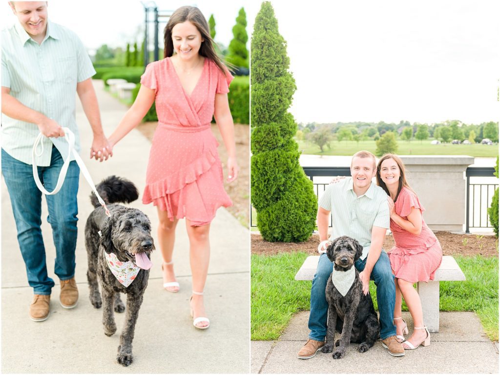 Couple walking with dog Coxhall Gardens engagement session