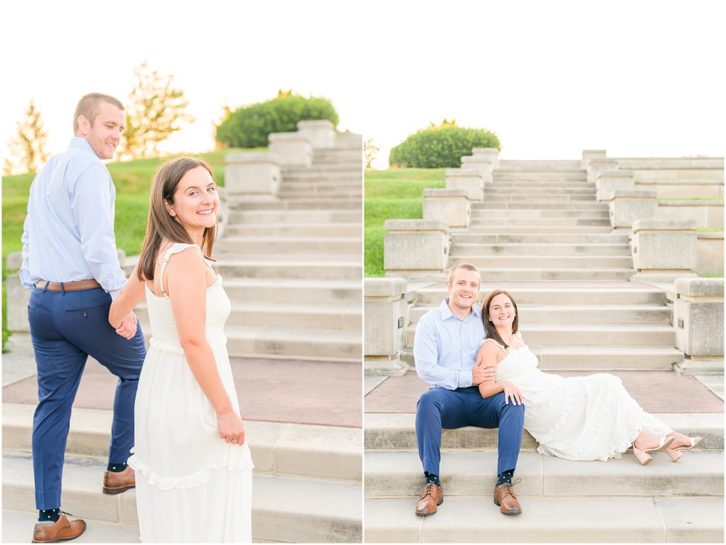 Couple walking and laughing Coxhall Gardens engagement session