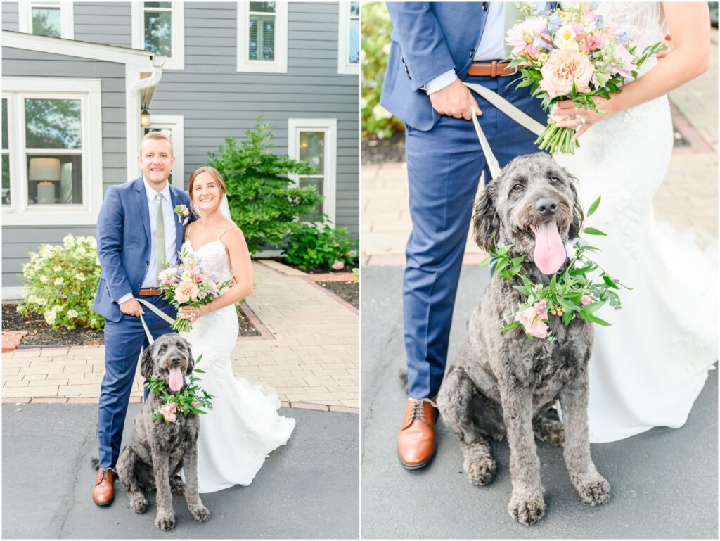 Bride and groom pictures with dog Mustard Seed Gardens wedding