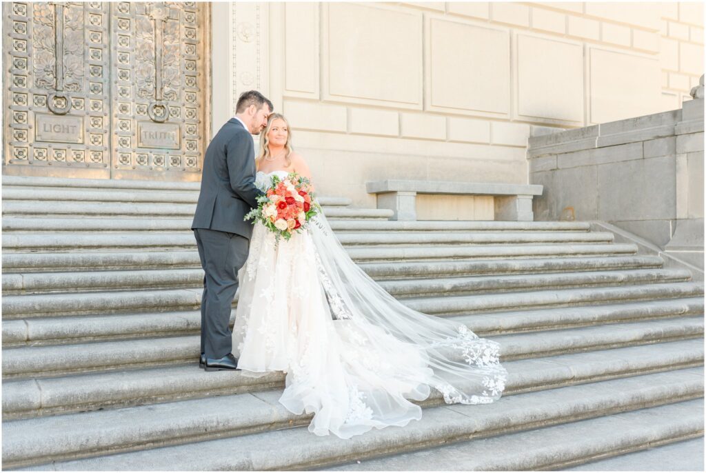 Bride and groom wedding photos Regions Tower Indy Wedding