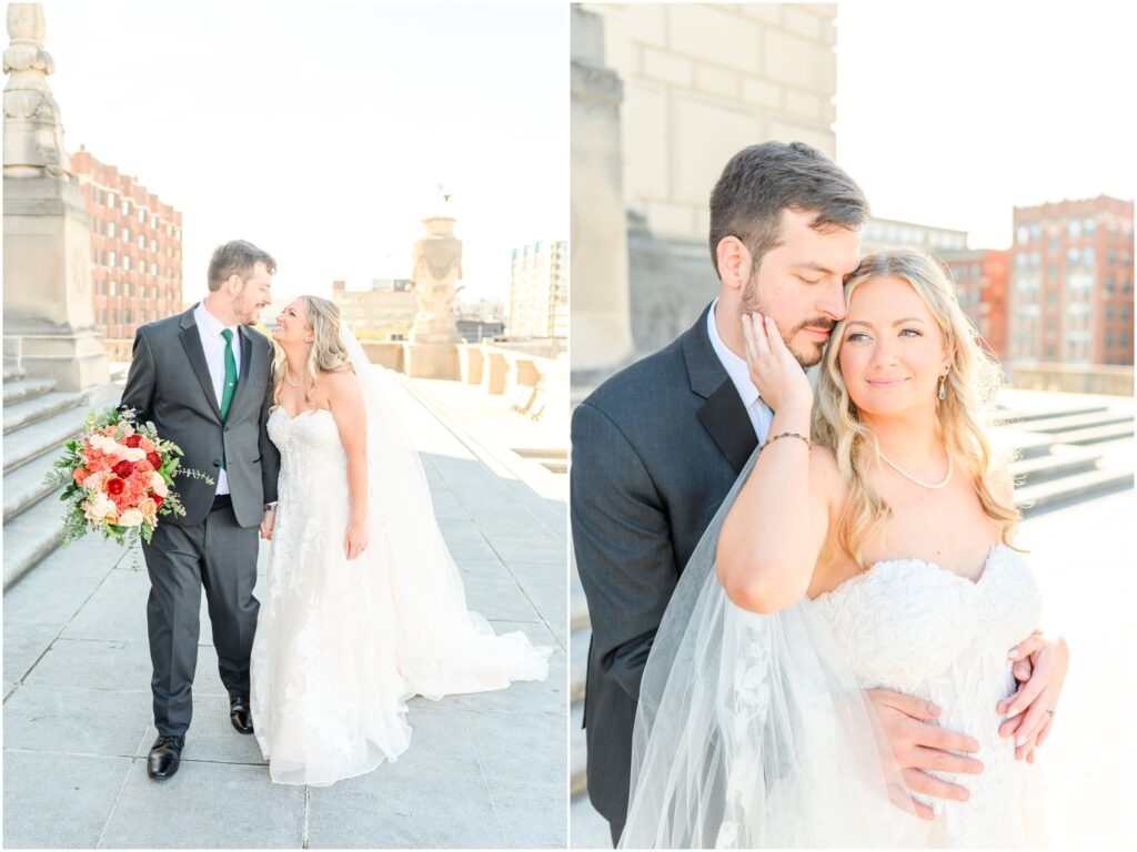 Bride and groom wedding photos Regions Tower Indy Wedding
