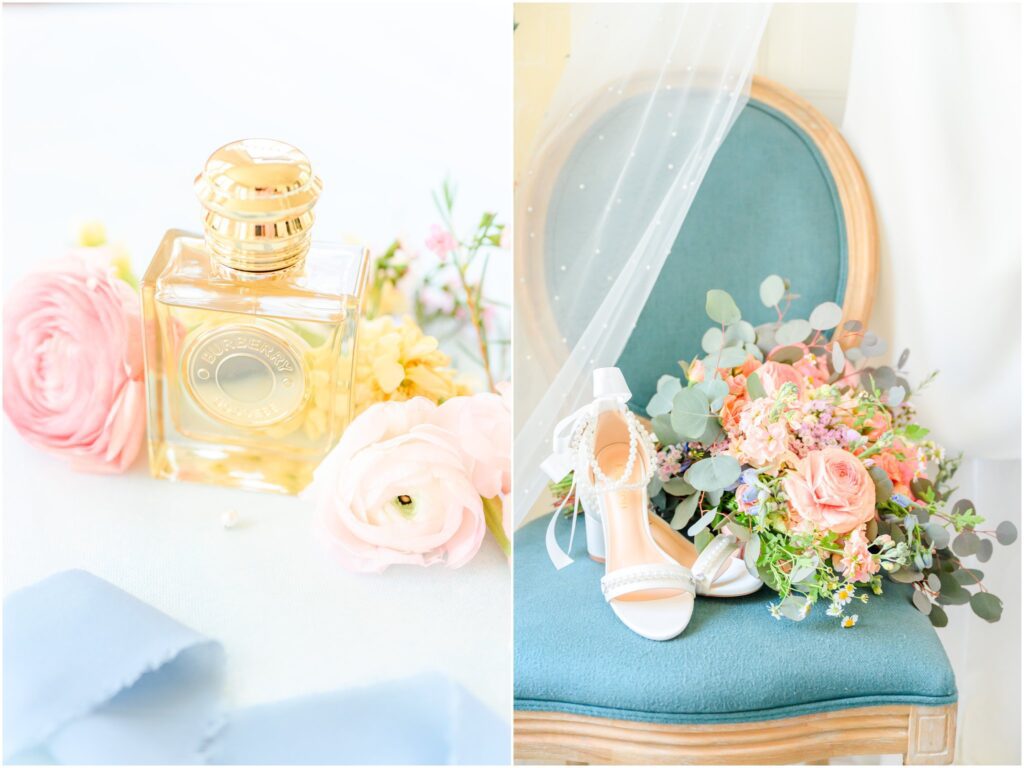 Wedding detail photo featuring bridal shoes, jewelry, and florals.