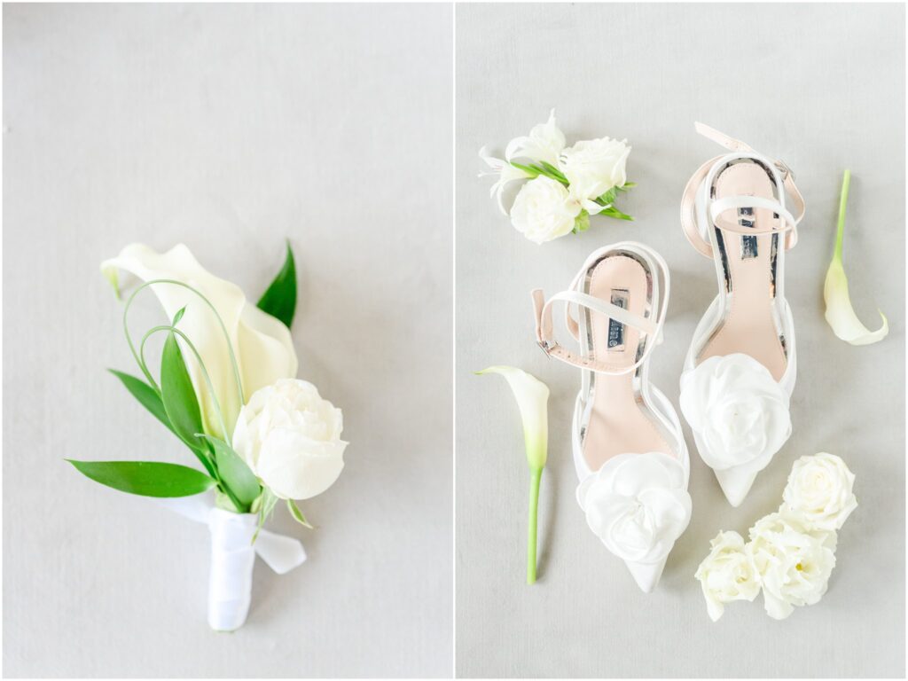 Wedding detail photo featuring bridal shoes, jewelry, and florals.