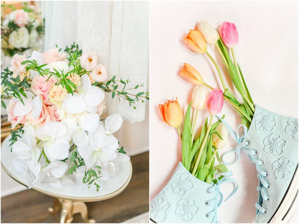 Wedding details at The Estuary Indianapolis including rings, invitation suite, and bridal accessories styled inside the restored church venue