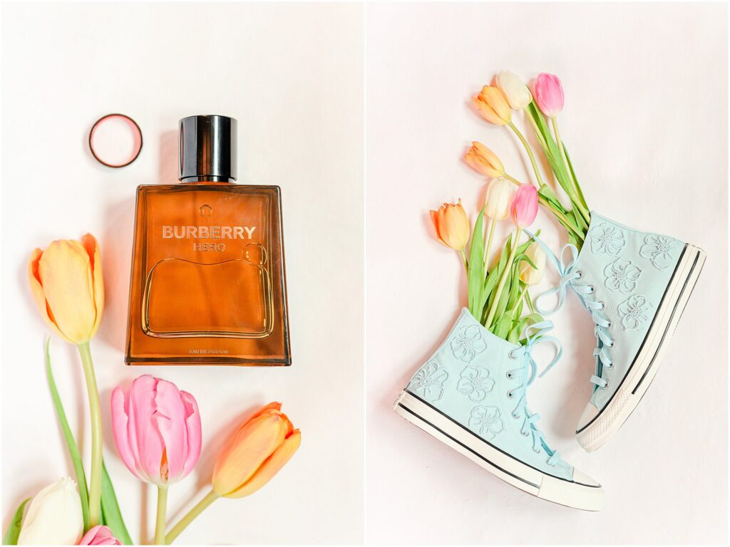 Wedding details at The Estuary Indianapolis including rings, invitation suite, and bridal accessories styled inside the restored church venue