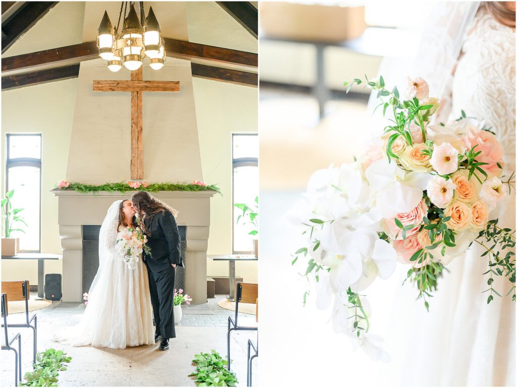 Romantic bride and groom portraits at The Estuary Indianapolis featuring soft natural light inside the historic church venue