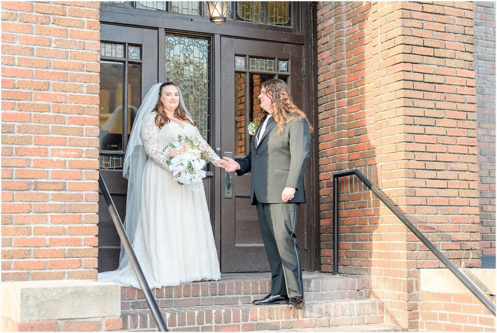 Romantic bride and groom portraits at The Estuary Indianapolis featuring soft natural light inside the historic church venue