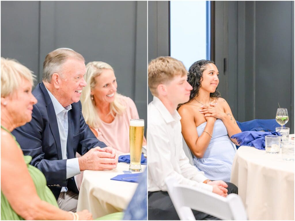 Guests enjoying dinner and speeches at an Indianapolis rehearsal dinner