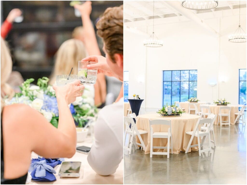 Guests enjoying dinner and speeches at an Indianapolis rehearsal dinner