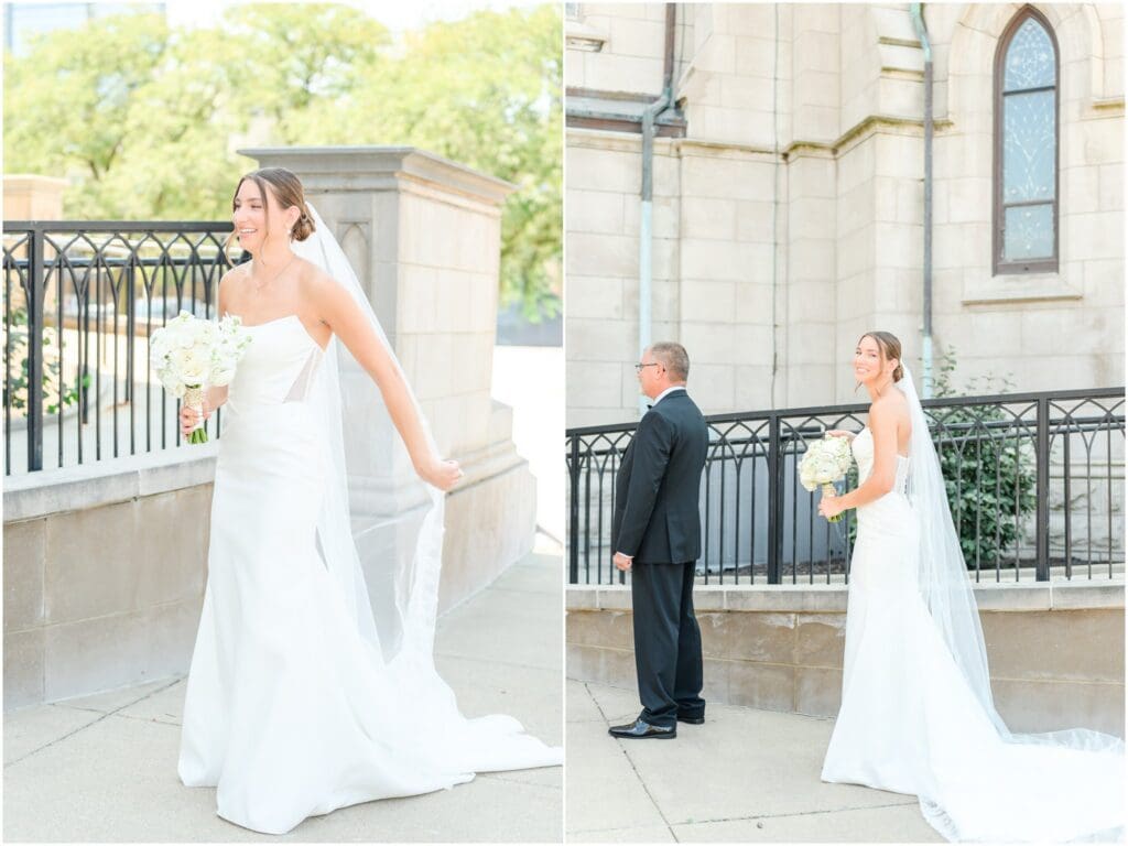 Bride sharing an emotional first look with her dad at St. Mary’s Church in Indianapolis